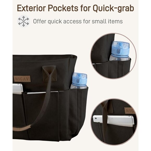 Women's Black Tote Bags Large Utility Bags with Pockets Zip for Teacher Work - Picture 3 of 8